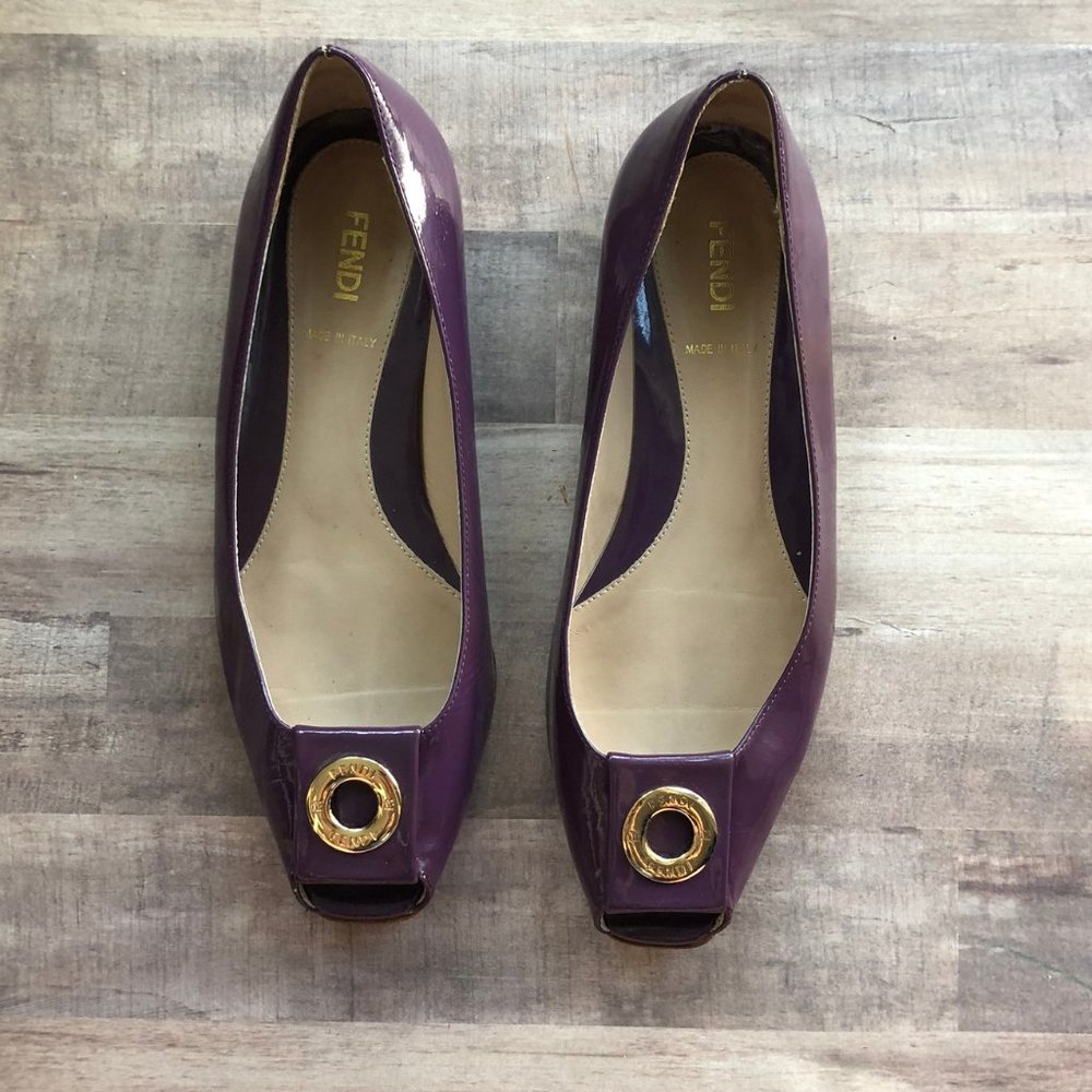 Fendi Purple Patent Leather Peep Square Toe Flats